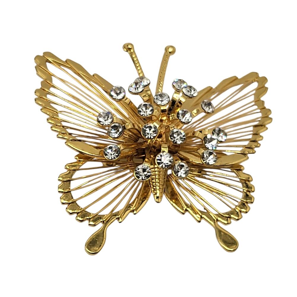 Vintage Rhinestone Butterfly Brooch Gold Tone Openwork Wings